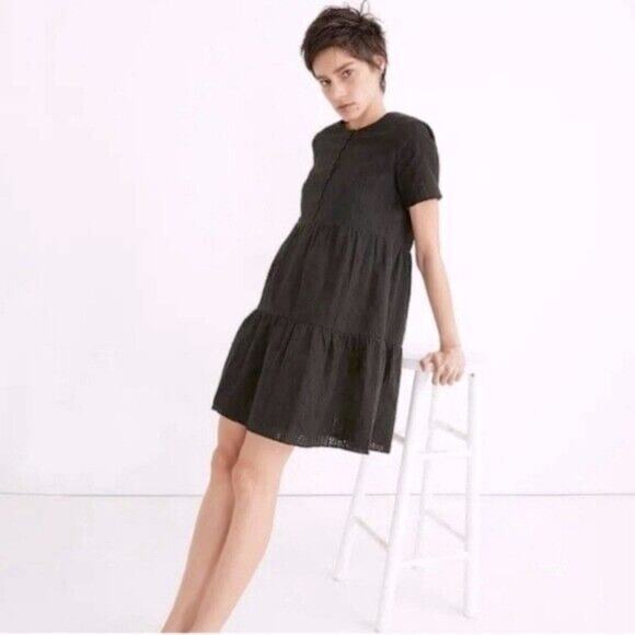 Madewell Dress Black Embroidered Eyelet Button Front Tiered Quiet Luxury XS - Picture 1 of 8